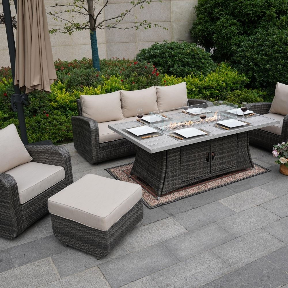 5-Piece Outdoor Wicker Sofa Set with Aluminum Firepit Table