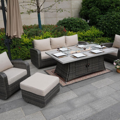 5-Piece Outdoor Wicker Sofa Set with Aluminum Firepit Table