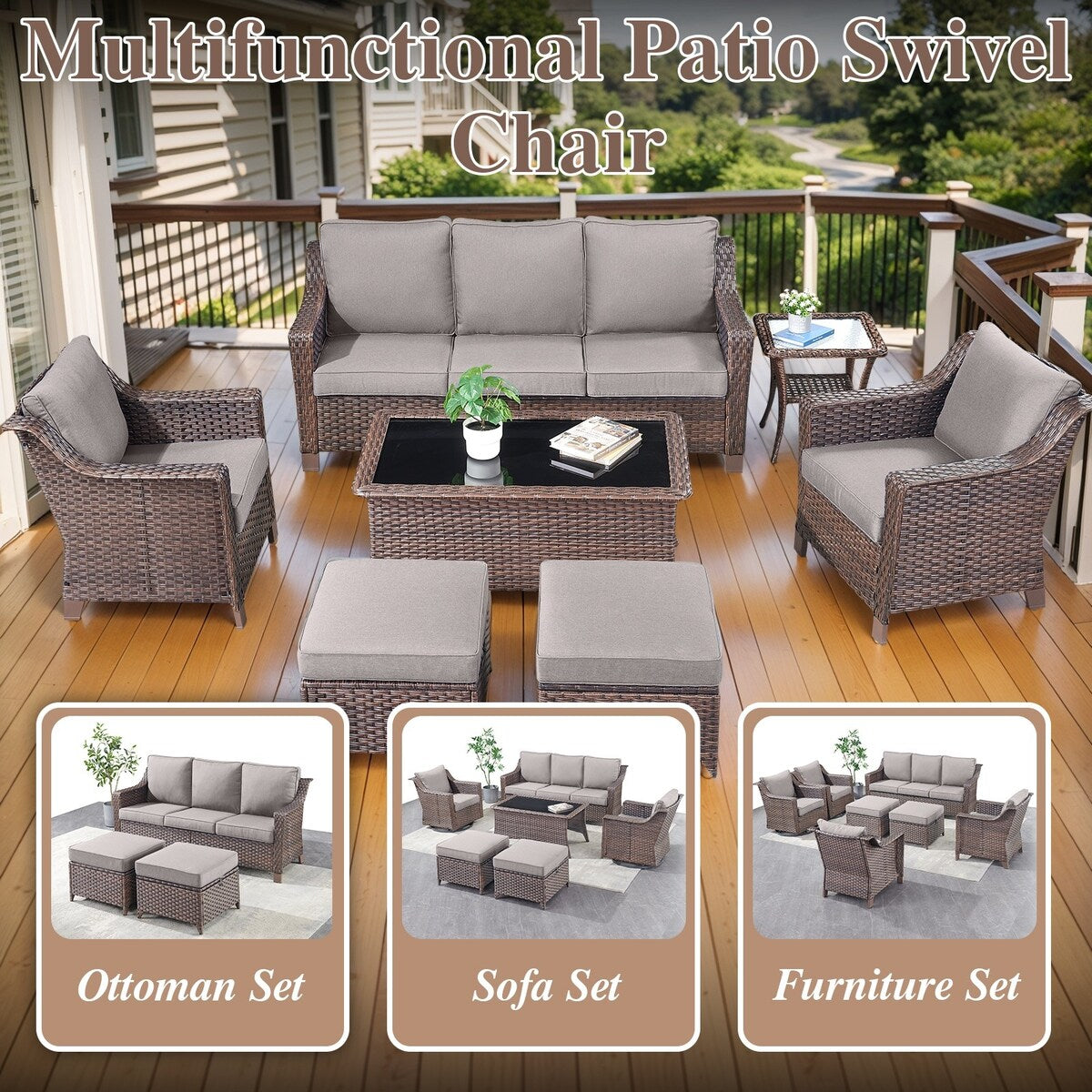 5 Piece Patio Glider Chair with Sofa Ottomans - Brown