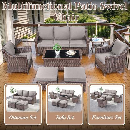 5 Piece Patio Glider Chair with Sofa Ottomans - Brown