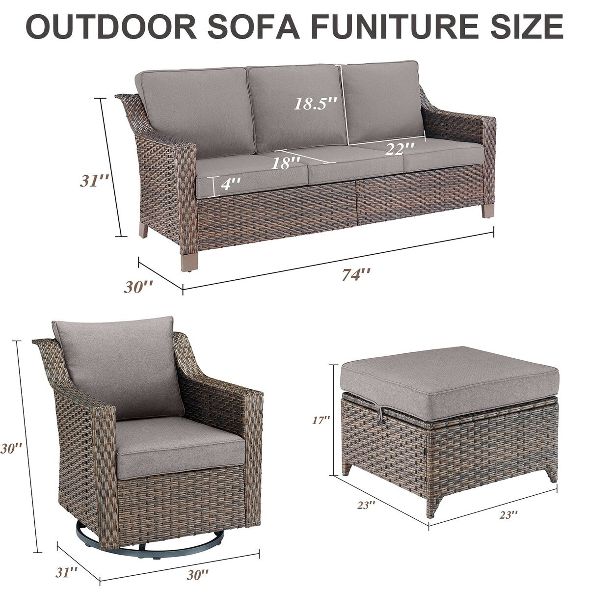 5 Piece Patio Glider Chair with Sofa Ottomans - Brown