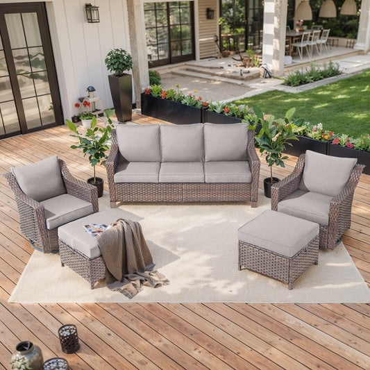 5 Piece Patio Glider Chair with Sofa Ottomans - Brown