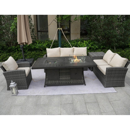5-Piece Patio Wicker Conversation Sofa with Firepit Table and Storage Box