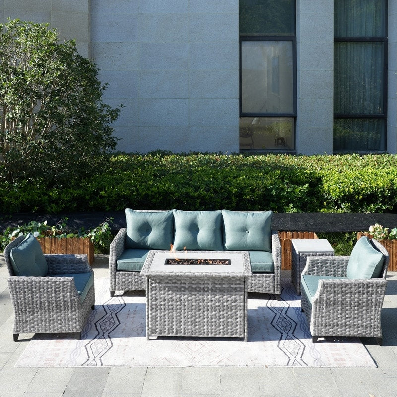 5-Piece Patio Wicker Sofa Set with Firepit Table and Rain cover