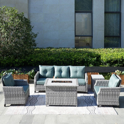 5-Piece Patio Wicker Sofa Set with Firepit Table and Rain cover