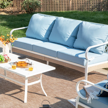 MAISON ARTS 5-Seat Patio Furniture Set, 2 x Cushioned Metal Chair, 1 x 3-Seat Sofa with Marbling Coffee Table