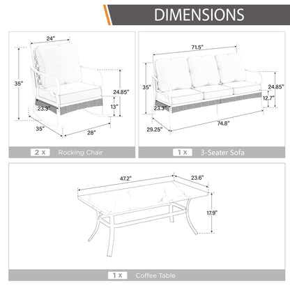 MAISON ARTS 5-Seat Patio Furniture Set, 2 x Cushioned Metal Chair, 1 x 3-Seat Sofa with Marbling Coffee Table