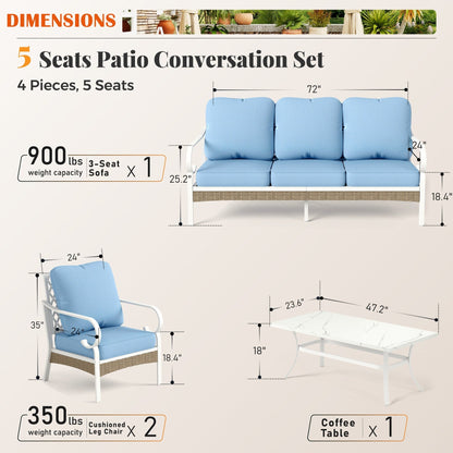MAISON ARTS 5-Seat Patio Furniture Set, 2 x Cushioned Metal Chair, 1 x 3-Seat Sofa with Marbling Coffee Table
