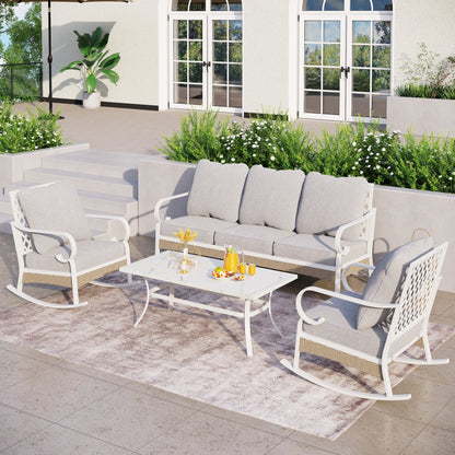 MAISON ARTS 5-Seat Patio Furniture Set, 2 x Cushioned Metal Chair, 1 x 3-Seat Sofa with Marbling Coffee Table