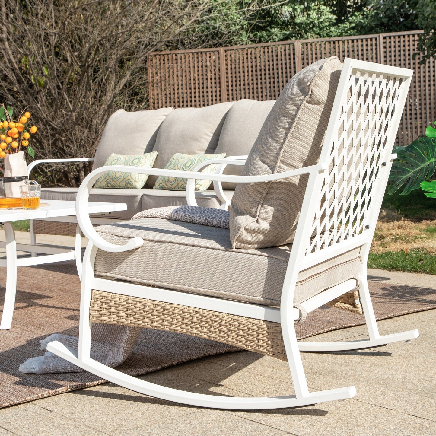 MAISON ARTS 5-Seat Patio Furniture Set, 2 x Cushioned Metal Chair, 1 x 3-Seat Sofa with Marbling Coffee Table