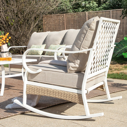 MAISON ARTS 5-Seat Patio Furniture Set, 2 x Cushioned Metal Chair, 1 x 3-Seat Sofa with Marbling Coffee Table