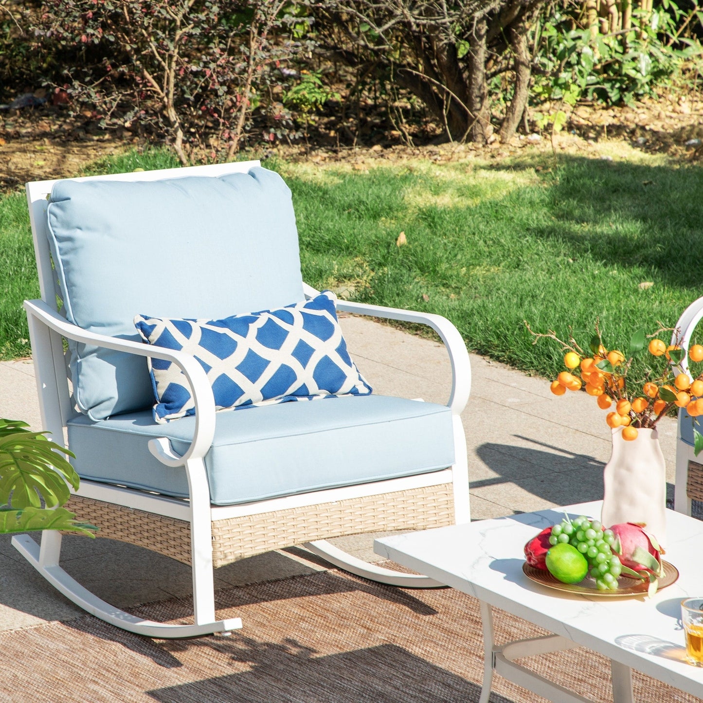 MAISON ARTS 5-Seat Patio Furniture Set, 2 x Cushioned Metal Chair, 1 x 3-Seat Sofa with Marbling Coffee Table