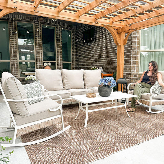 MAISON ARTS 5-Seat Patio Furniture Set, 2 x Cushioned Metal Chair, 1 x 3-Seat Sofa with Marbling Coffee Table