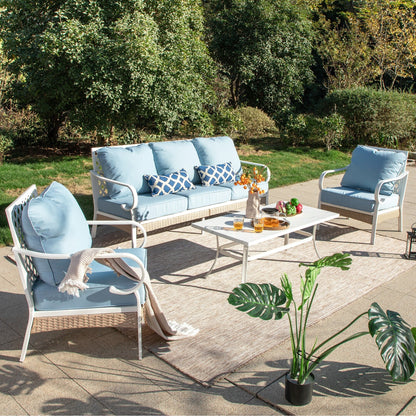 MAISON ARTS 5-Seat Patio Furniture Set, 2 x Cushioned Metal Chair, 1 x 3-Seat Sofa with Marbling Coffee Table