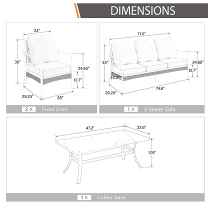 MAISON ARTS 5-Seat Patio Furniture Set, 2 x Cushioned Metal Chair, 1 x 3-Seat Sofa with Marbling Coffee Table