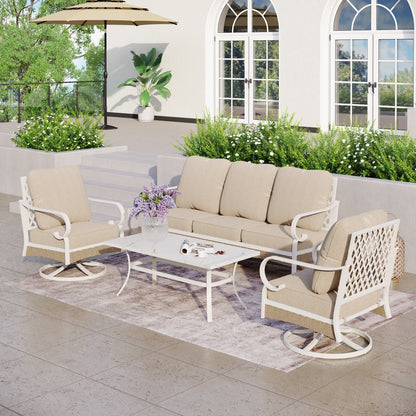 MAISON ARTS 5-Seat Patio Furniture Set, 2 x Cushioned Metal Chair, 1 x 3-Seat Sofa with Marbling Coffee Table