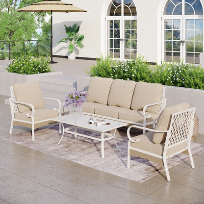 MAISON ARTS 5-Seat Patio Furniture Set, 2 x Cushioned Metal Chair, 1 x 3-Seat Sofa with Marbling Coffee Table