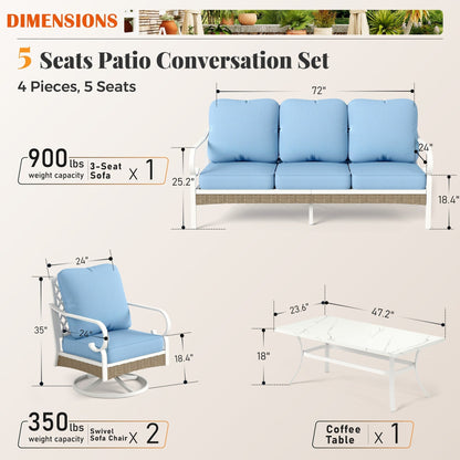 MAISON ARTS 5-Seat Patio Furniture Set, 2 x Cushioned Metal Chair, 1 x 3-Seat Sofa with Marbling Coffee Table