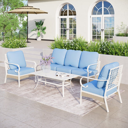 MAISON ARTS 5-Seat Patio Furniture Set, 2 x Cushioned Metal Chair, 1 x 3-Seat Sofa with Marbling Coffee Table