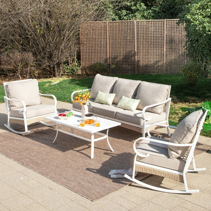 MAISON ARTS 5-Seat Patio Furniture Set, 2 x Cushioned Metal Chair, 1 x 3-Seat Sofa with Marbling Coffee Table