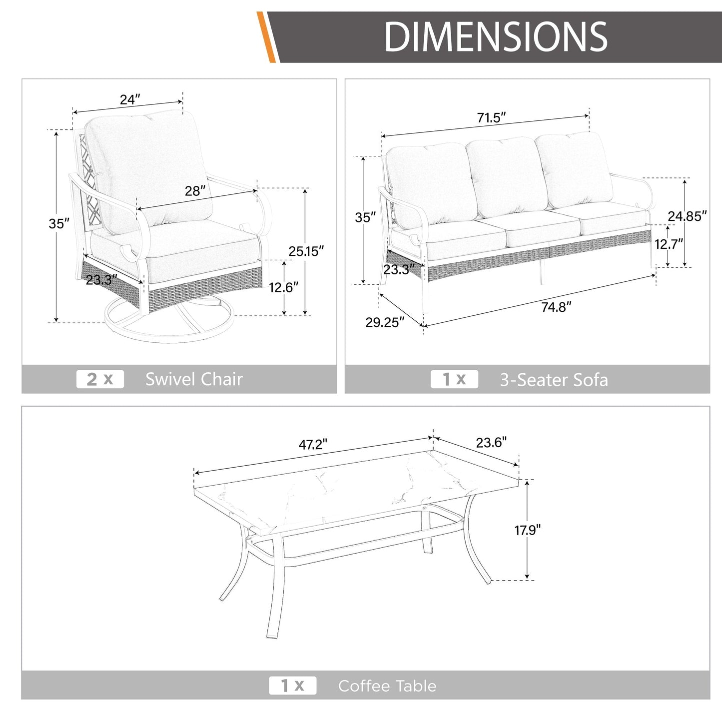 MAISON ARTS 5-Seat Patio Furniture Set, 2 x Cushioned Metal Chair, 1 x 3-Seat Sofa with Marbling Coffee Table