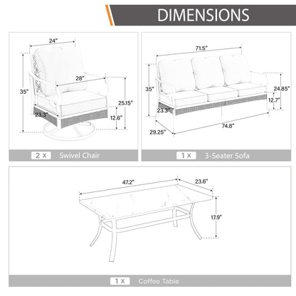 MAISON ARTS 5-Seat Patio Furniture Set, 2 x Cushioned Metal Chair, 1 x 3-Seat Sofa with Marbling Coffee Table