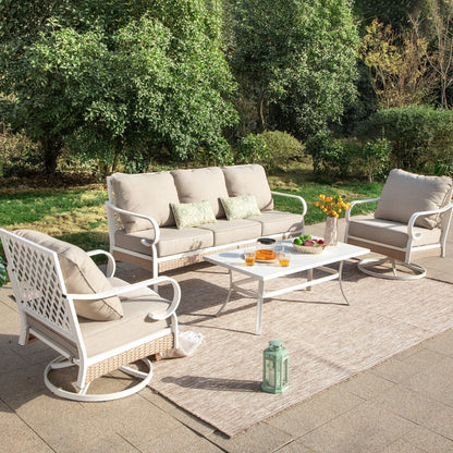 MAISON ARTS 5-Seat Patio Furniture Set, 2 x Cushioned Metal Chair, 1 x 3-Seat Sofa with Marbling Coffee Table