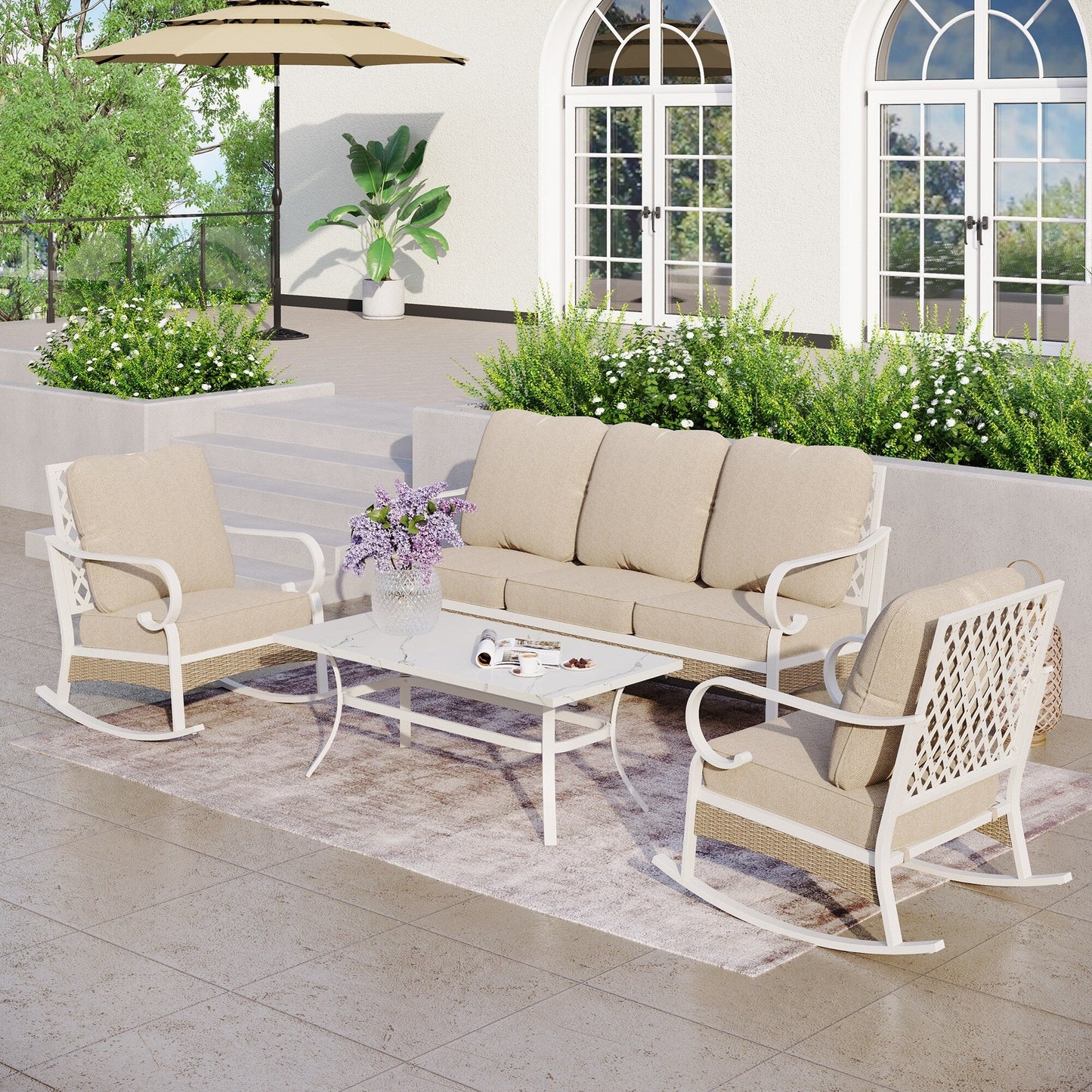 MAISON ARTS 5-Seat Patio Furniture Set, 2 x Cushioned Metal Chair, 1 x 3-Seat Sofa with Marbling Coffee Table