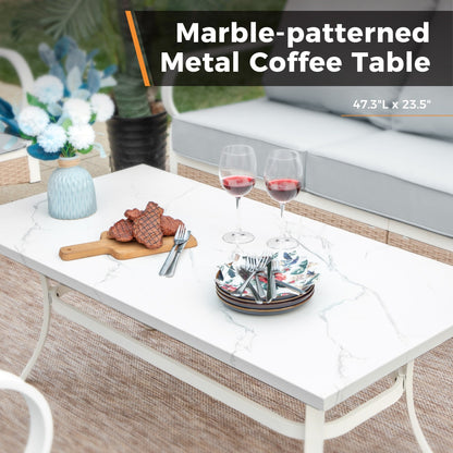 MAISON ARTS 5-Seat Patio Furniture Set, 2 x Cushioned Metal Chair, 1 x 3-Seat Sofa with Marbling Coffee Table