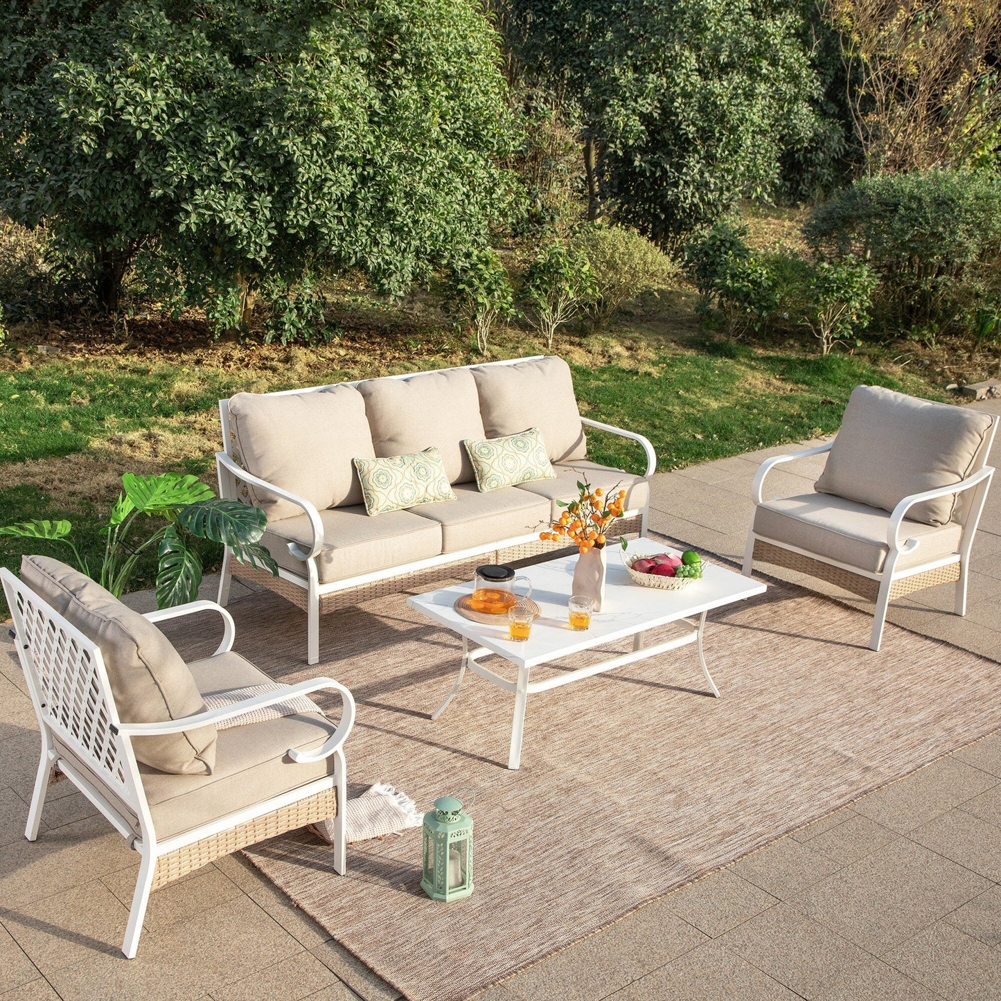 MAISON ARTS 5-Seat Patio Furniture Set, 2 x Cushioned Metal Chair, 1 x 3-Seat Sofa with Marbling Coffee Table