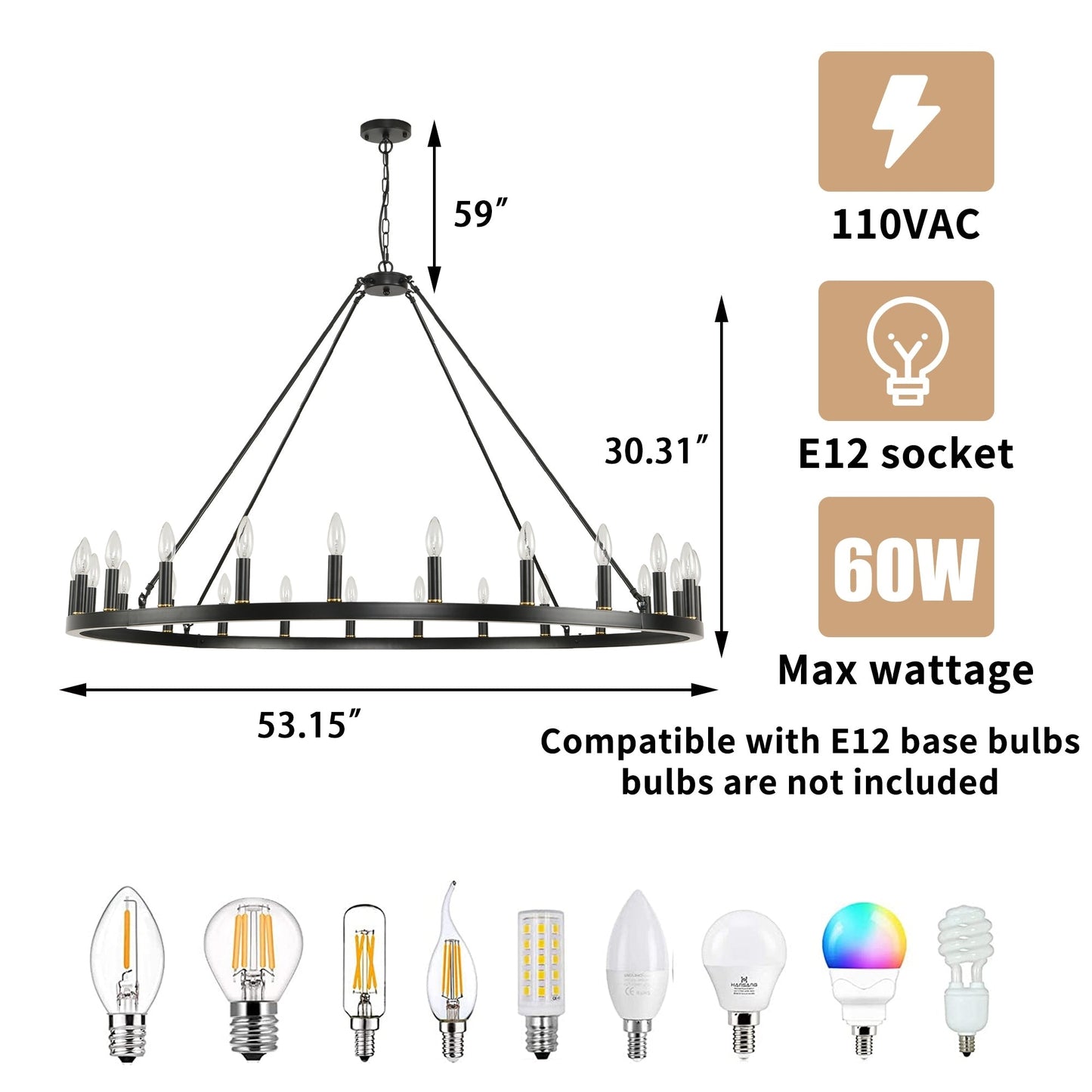 54-inch Round Wagon Wheel 24-light Chandelier