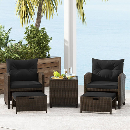 5PCS Patio Furniture Set w/ Ottoman Wicker Conversation Set w/Cushions