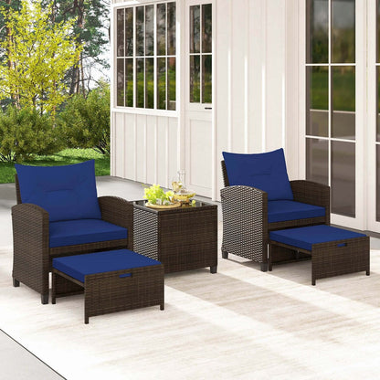 5PCS Patio Furniture Set w/ Ottoman Wicker Conversation Set w/Cushions
