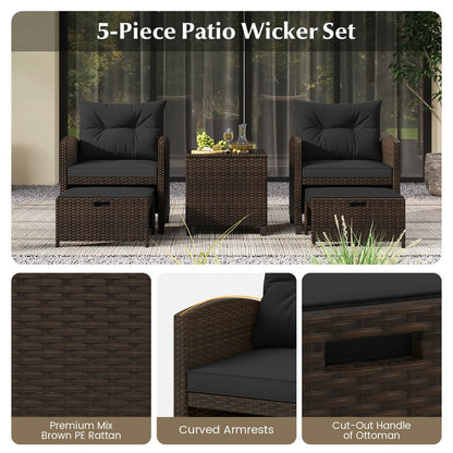 5PCS Patio Furniture Set w/ Ottoman Wicker Conversation Set w/Cushions