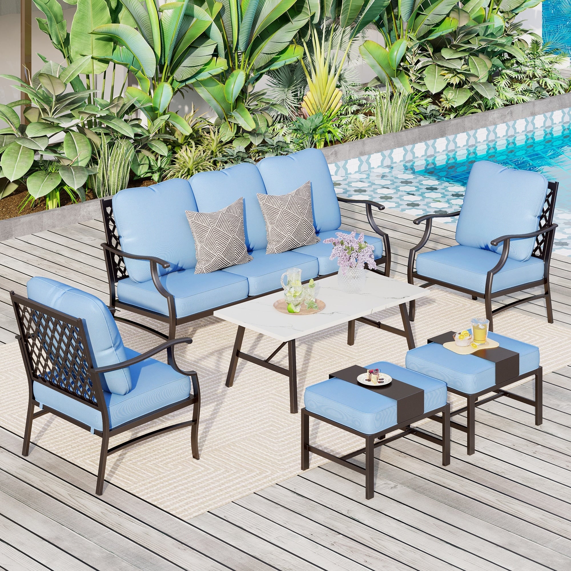 MAISON ARTS 6/7-Piece Patio Conversation Sets, Sofa Set with 2/4 x Single Chairs, 1 x 3-seater Sofa and Coffee Table/Ottomans