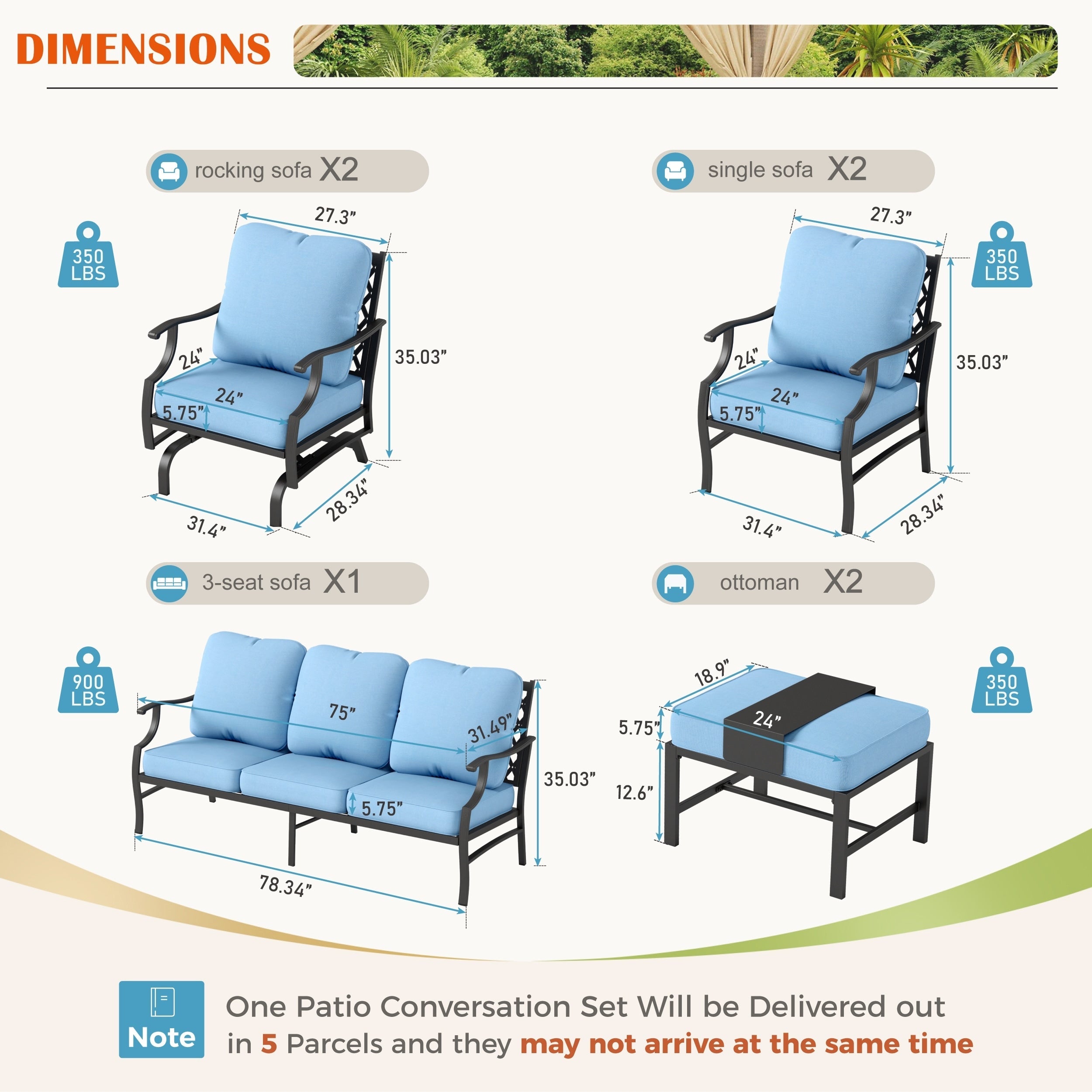 MAISON ARTS 6/7-Piece Patio Conversation Sets, Sofa Set with 2/4 x Single Chairs, 1 x 3-seater Sofa and Coffee Table/Ottomans