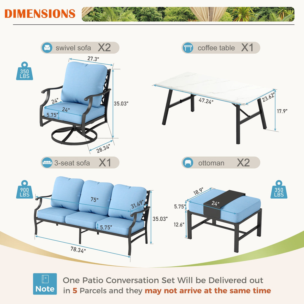 MAISON ARTS 6/7-Piece Patio Conversation Sets, Sofa Set with 2/4 x Single Chairs, 1 x 3-seater Sofa and Coffee Table/Ottomans
