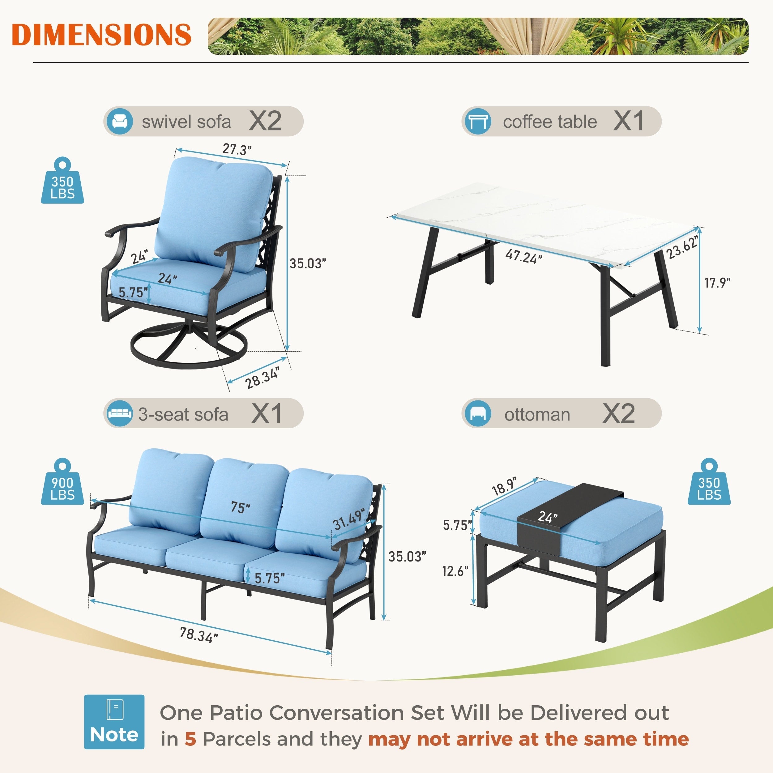 MAISON ARTS 6/7-Piece Patio Conversation Sets, Sofa Set with 2/4 x Single Chairs, 1 x 3-seater Sofa and Coffee Table/Ottomans