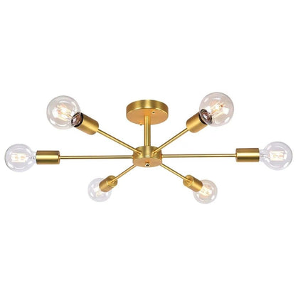 6-Light Modern Industrial Dimmable Sputnik Linear Cluster Semi-Flush Mount Light