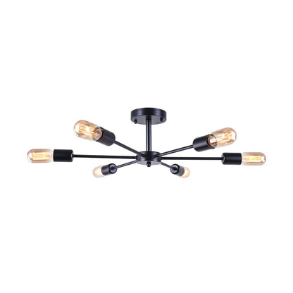 6-Light Modern Industrial Dimmable Sputnik Linear Cluster Semi-Flush Mount Light