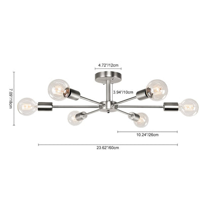 6-Light Modern Industrial Dimmable Sputnik Linear Cluster Semi-Flush Mount Light