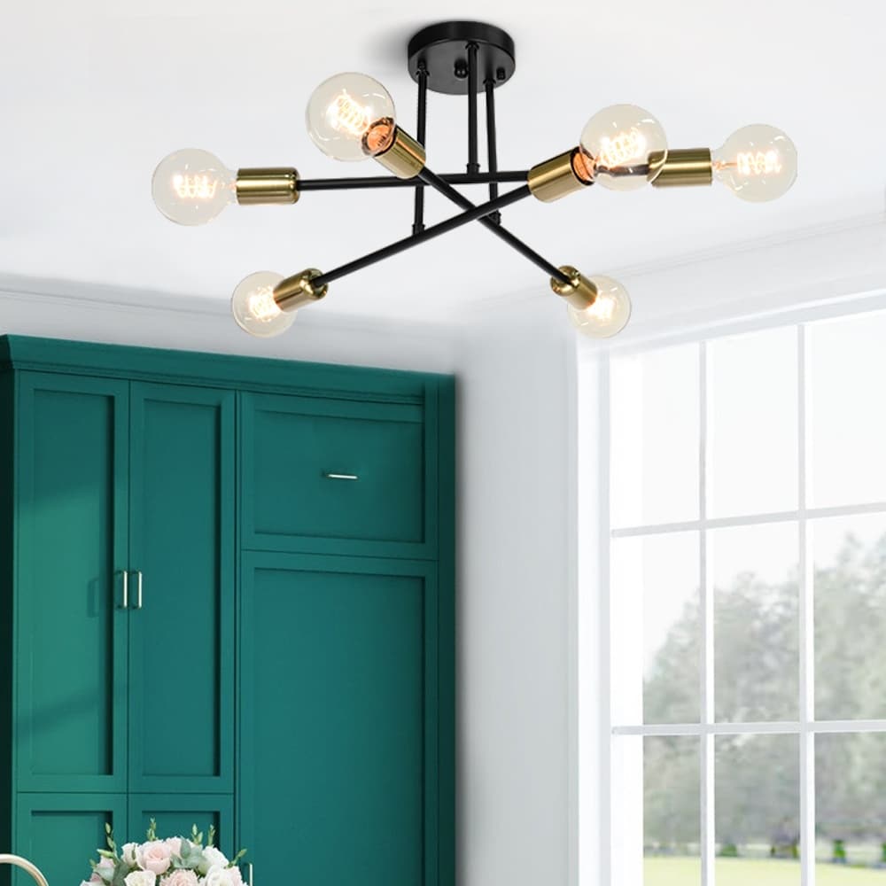 6-Light Modern Industrial Linear Sputnik Branch Semi-Flush Mount Light Ceiling Light