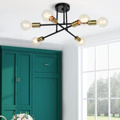 6-Light Modern Industrial Linear Sputnik Branch Semi-Flush Mount Light Ceiling Light