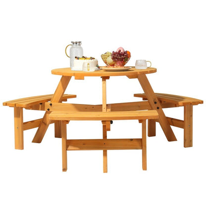 6-Person Outdoor Circular Wooden Picnic Table with 3 Built-In Benches
