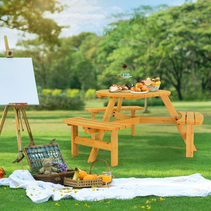 6-Person Outdoor Circular Wooden Picnic Table with 3 Built-In Benches