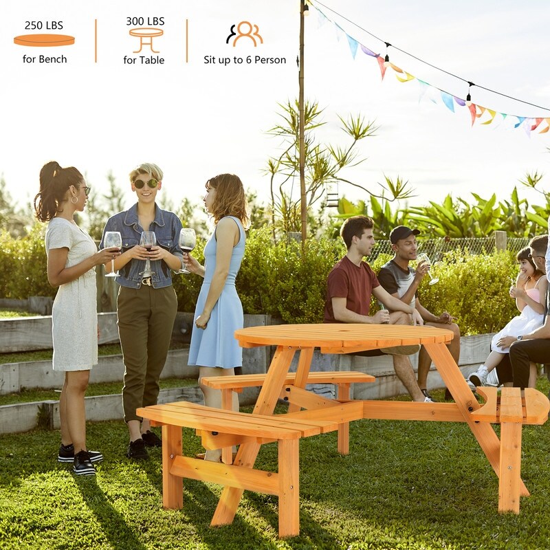 6-Person Outdoor Circular Wooden Picnic Table with 3 Built-In Benches