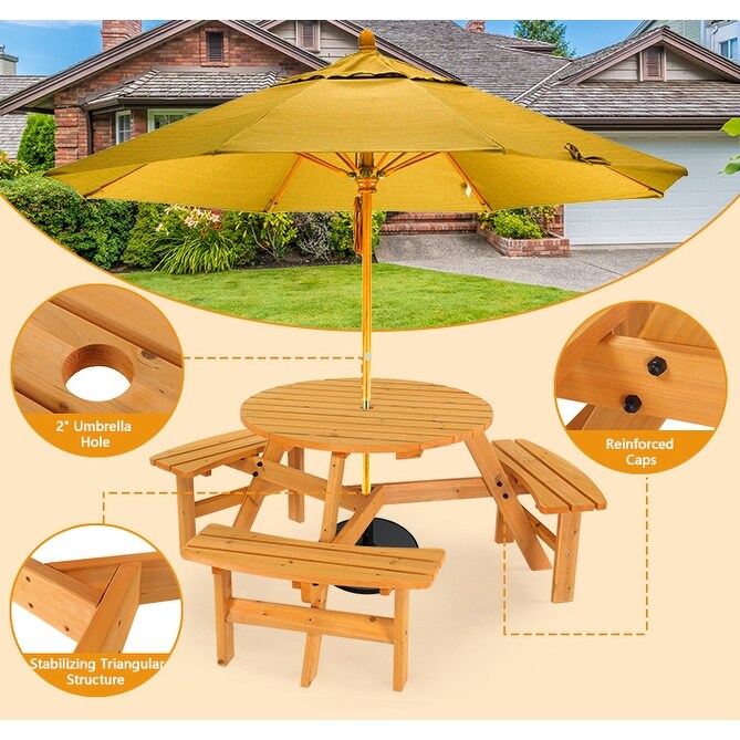 6-Person Outdoor Circular Wooden Picnic Table with 3 Built-In Benches