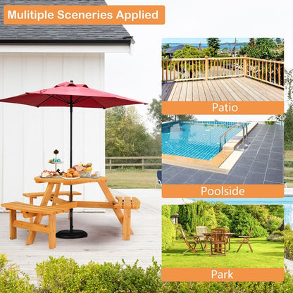 6-Person Outdoor Circular Wooden Picnic Table with 3 Built-In Benches
