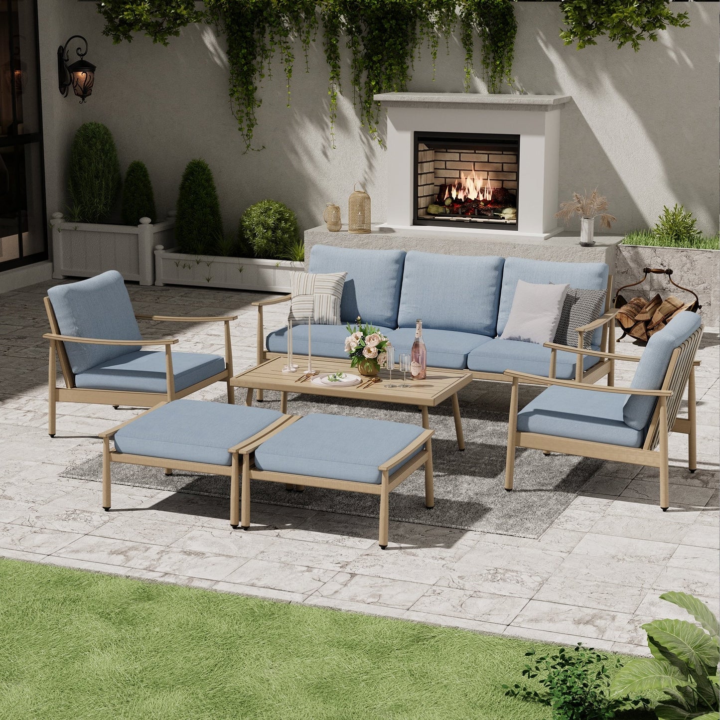 6-Piece Aluminum Patio Conversation Set, 3-Seat Outdoor Couch with Ottomans and Coffee Table