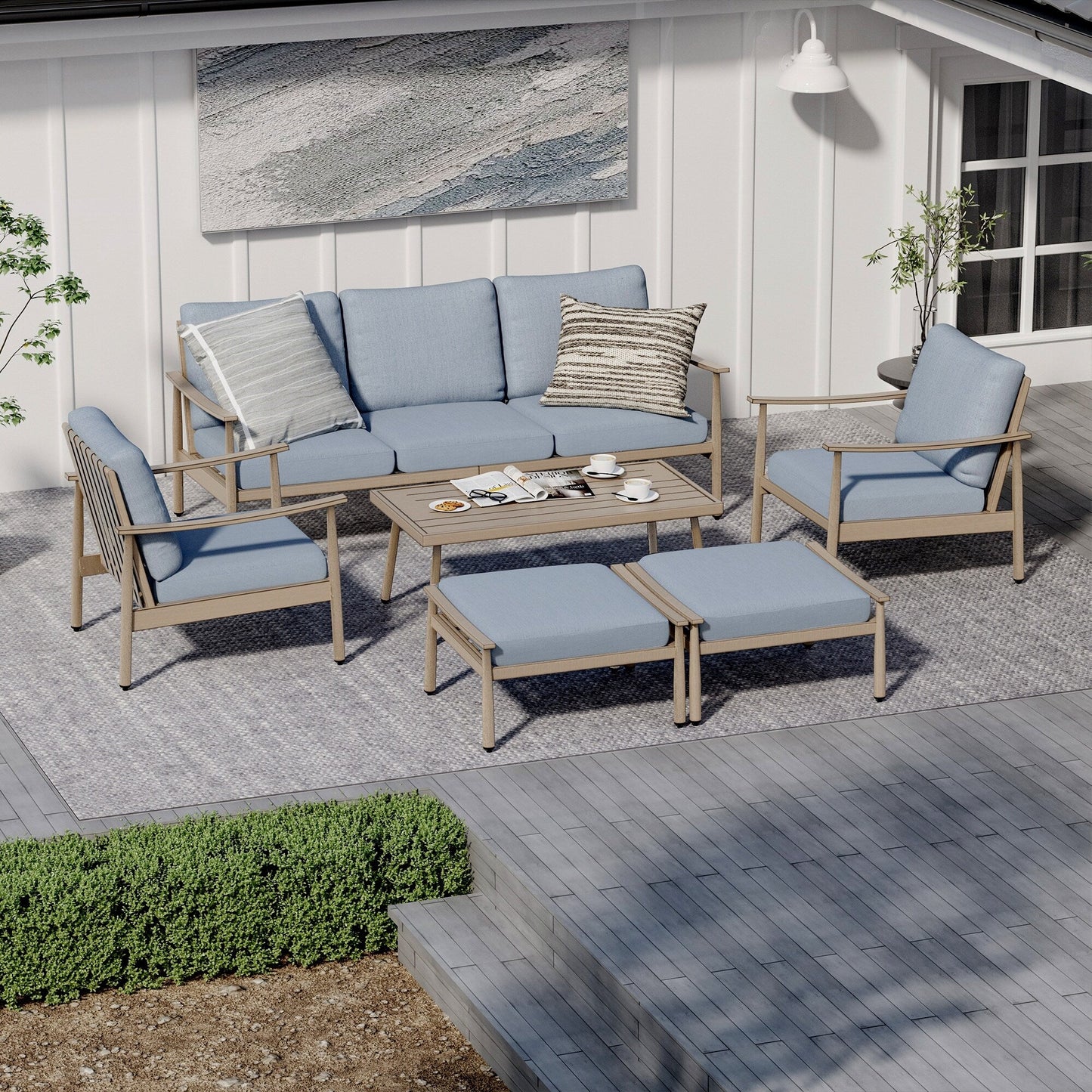 6-Piece Aluminum Patio Conversation Set, 3-Seat Outdoor Couch with Ottomans and Coffee Table